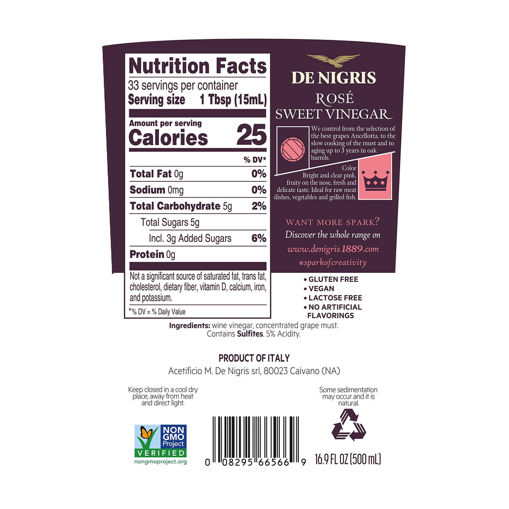De Nigris Sweet Rose Wine Vinegar, Case of 6, 16.9 Fluid Ounce