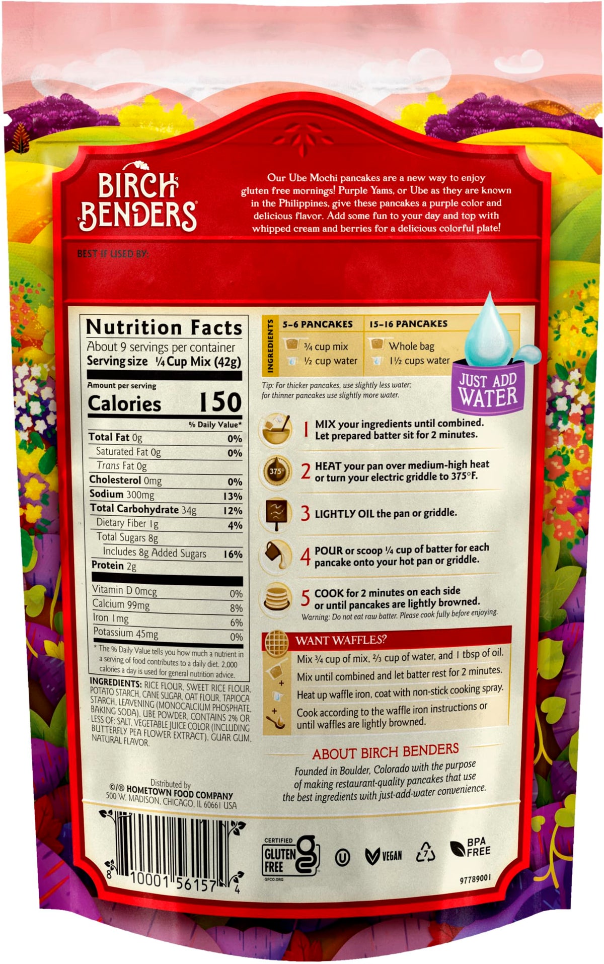 Birch Benders Ube Mochi Pancake and Waffle Mix, Case of 6, 14 Ounce Pouches