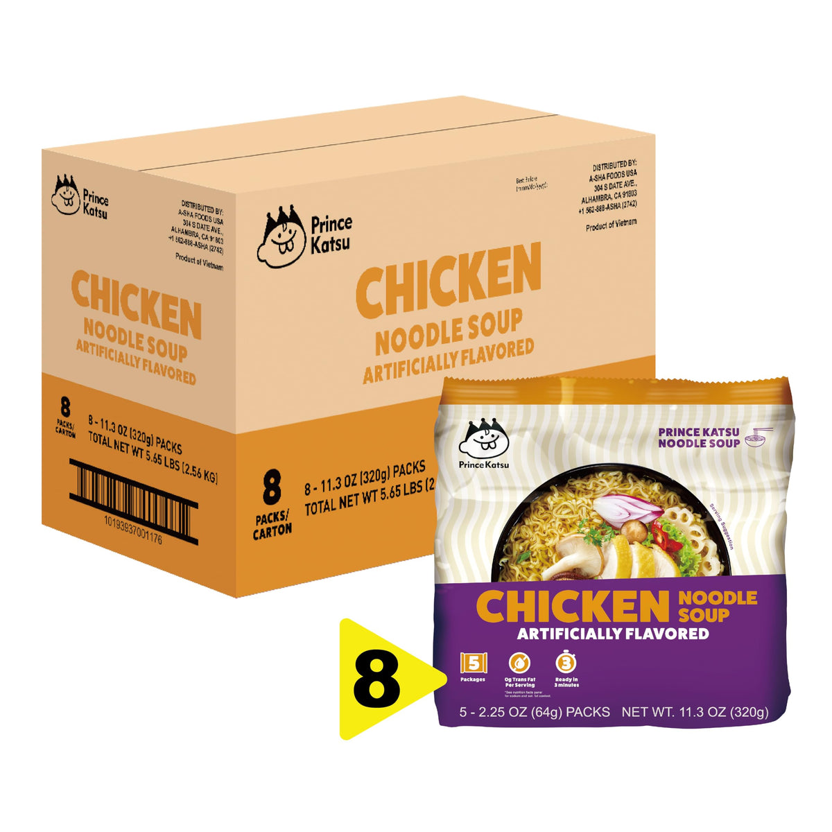 A-Sha Foods Chicken Ramen Noodle Soup Packs, Case of 8, 5 Pack, 11.3 Ounce Packs