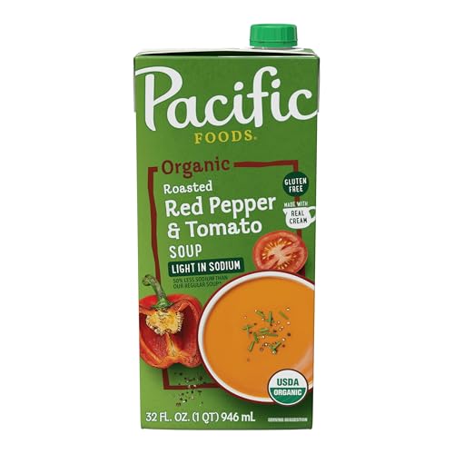 Pacific Foods Organic Low Sodium Roasted Red Pepper and Tomato Soup, Case of 12, 32 Fluid Ounce Cartons