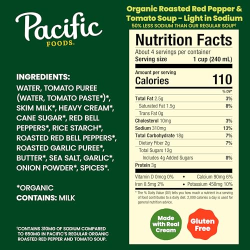 Pacific Foods Organic Low Sodium Roasted Red Pepper and Tomato Soup, Case of 12, 32 Fluid Ounce Cartons