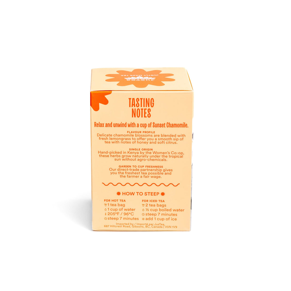 JusTea Sunset Chamomile Tea, Case of 6, 16 Count Boxes