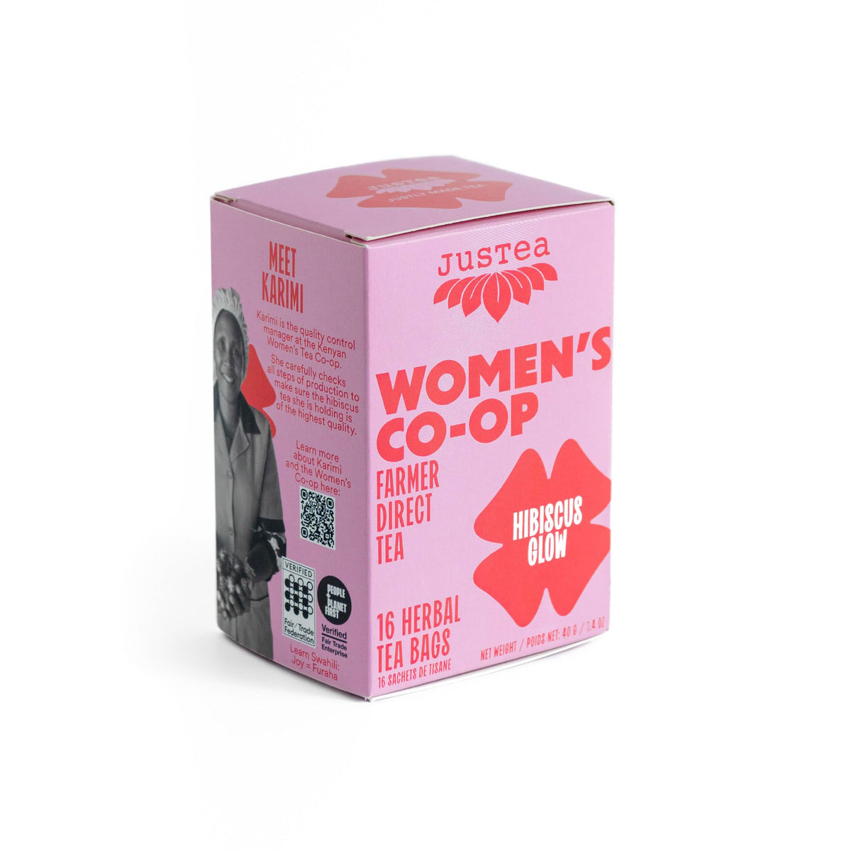 Justea Hibiscus Glow Tea Bags, Case of 6, 16 Count