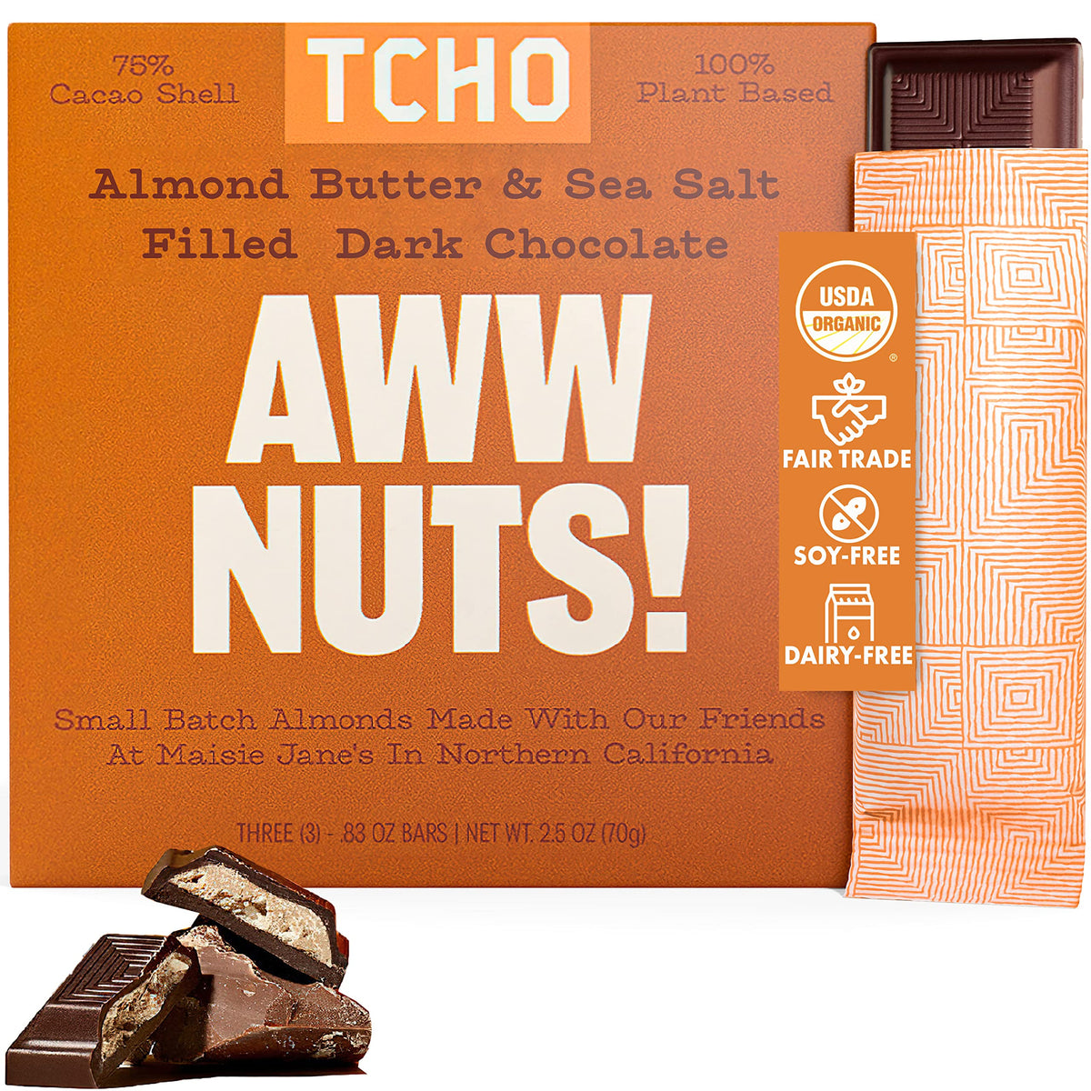 TCHO Organic Aww Nuts Almond Dark Chocolate Bar, Case of 10, 2.1 oz Bars