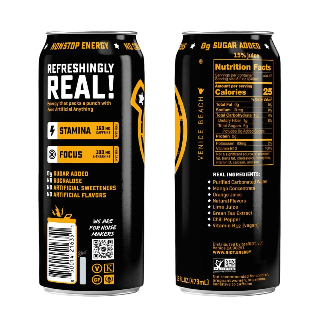 Riot Energy Mango Energy Drink, Case of 12, 16 Fluid Ounce Cans