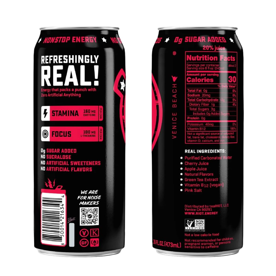 Riot Energy Cherry Watermelon Energy Drink, Case of 12, 16 Fl Oz Cans
