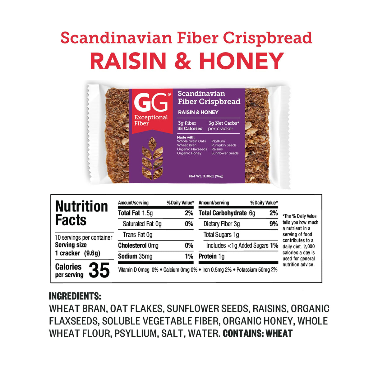GG Unique Fiber Scandinavian Raisin and Honey Crispbread, Case of 8, 3.38 Ounce
