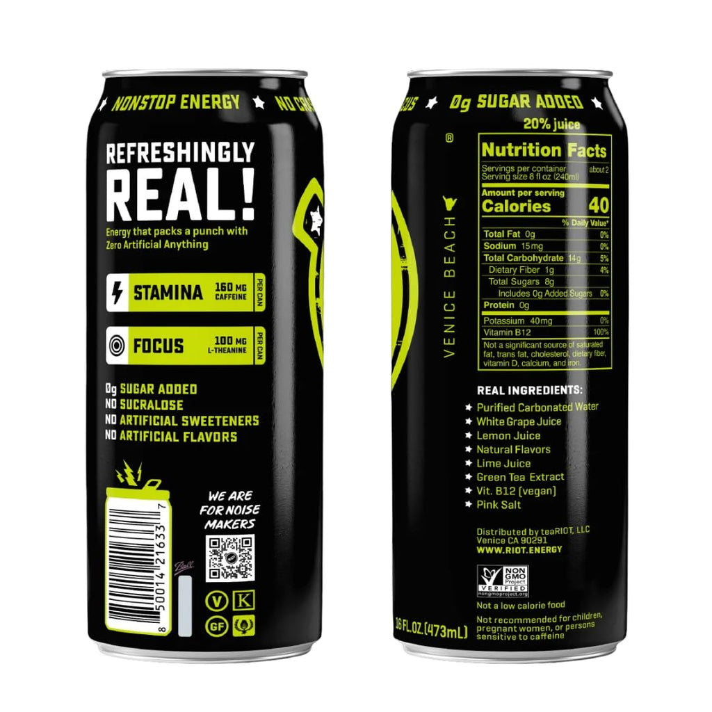 Riot Energy Citrus Lime Energy Drink, Case of 12, 16 Fluid Ounce Cans