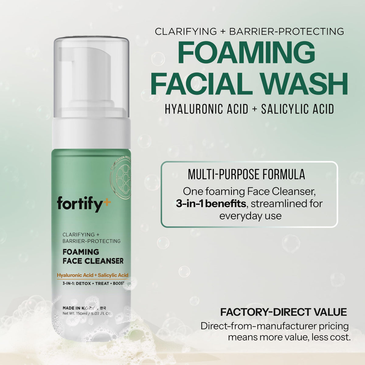 Fortify+ Clarifying Foaming Face Cleanser with Benzoyl Peroxide, 5.07 Fl Oz
