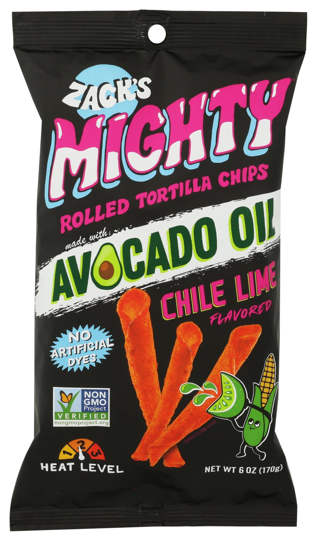 Zack's Mighty Chile Lime Avocado Oil Rolled Tortilla Chips, 6 Ounce Bags, Case of 6