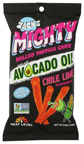Zack's Mighty Chile Lime Avocado Oil Rolled Tortilla Chips, 6 Ounce Bags, Case of 6