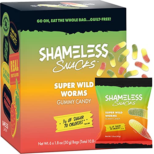 Shameless Snacks Super Wild Worms Gummy Candy, Case of 6, 1.8 Ounce Bags