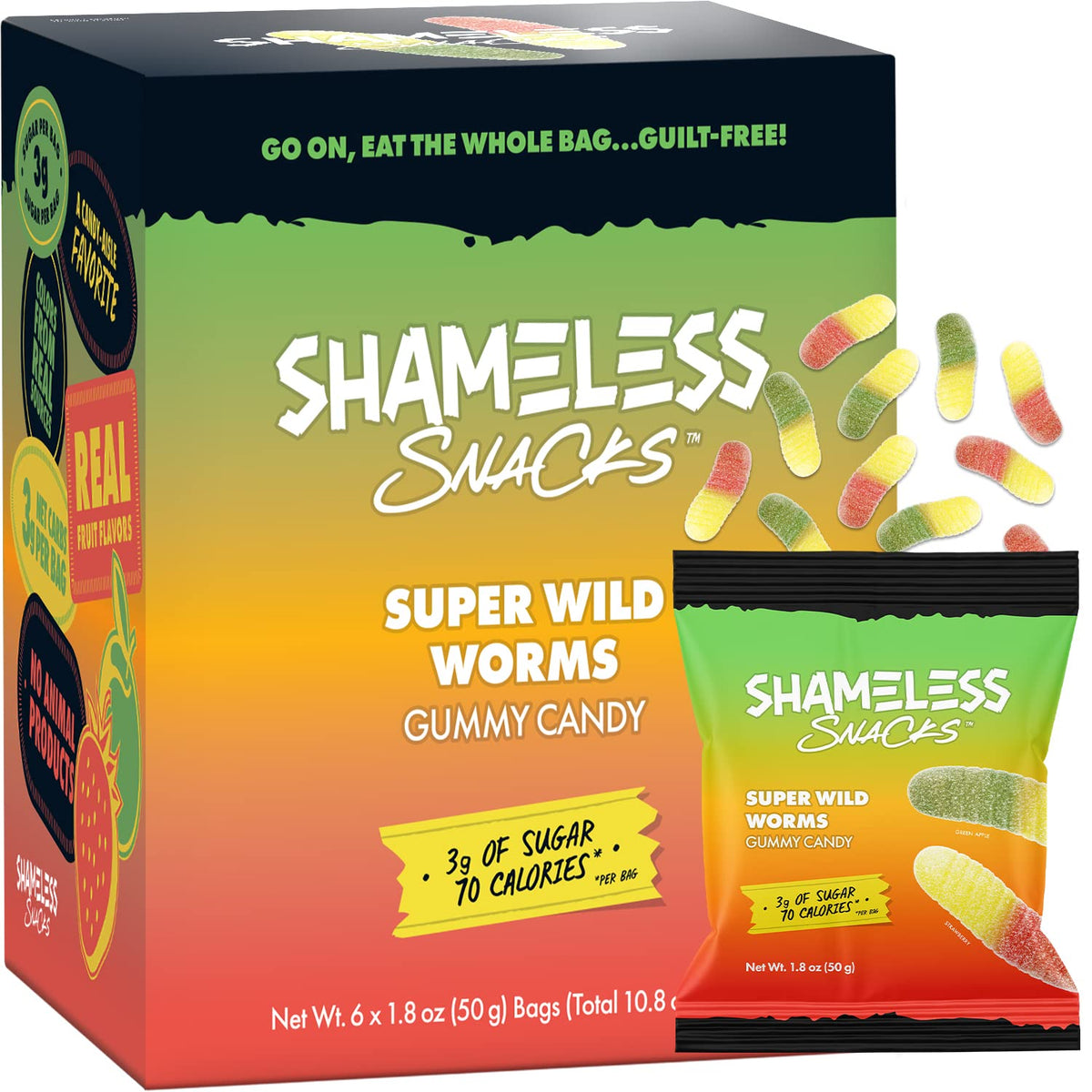 Shameless Snacks Super Wild Worms Gummy Candy, Case of 6, 1.8 Ounce Bags
