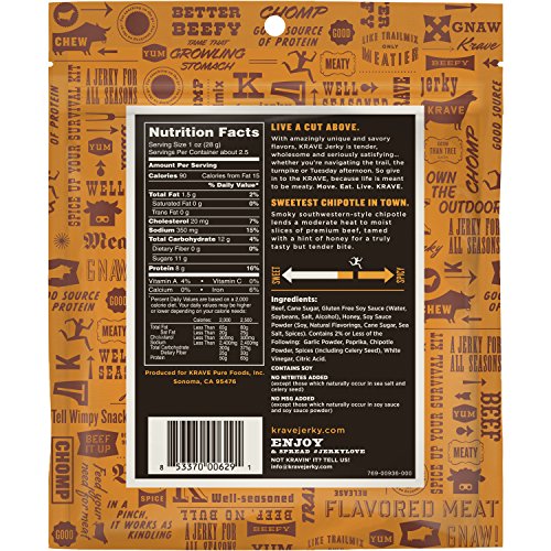 Krave Sweet Chipotle Beef Cuts, Case of 8, 2.5 Ounce Bags