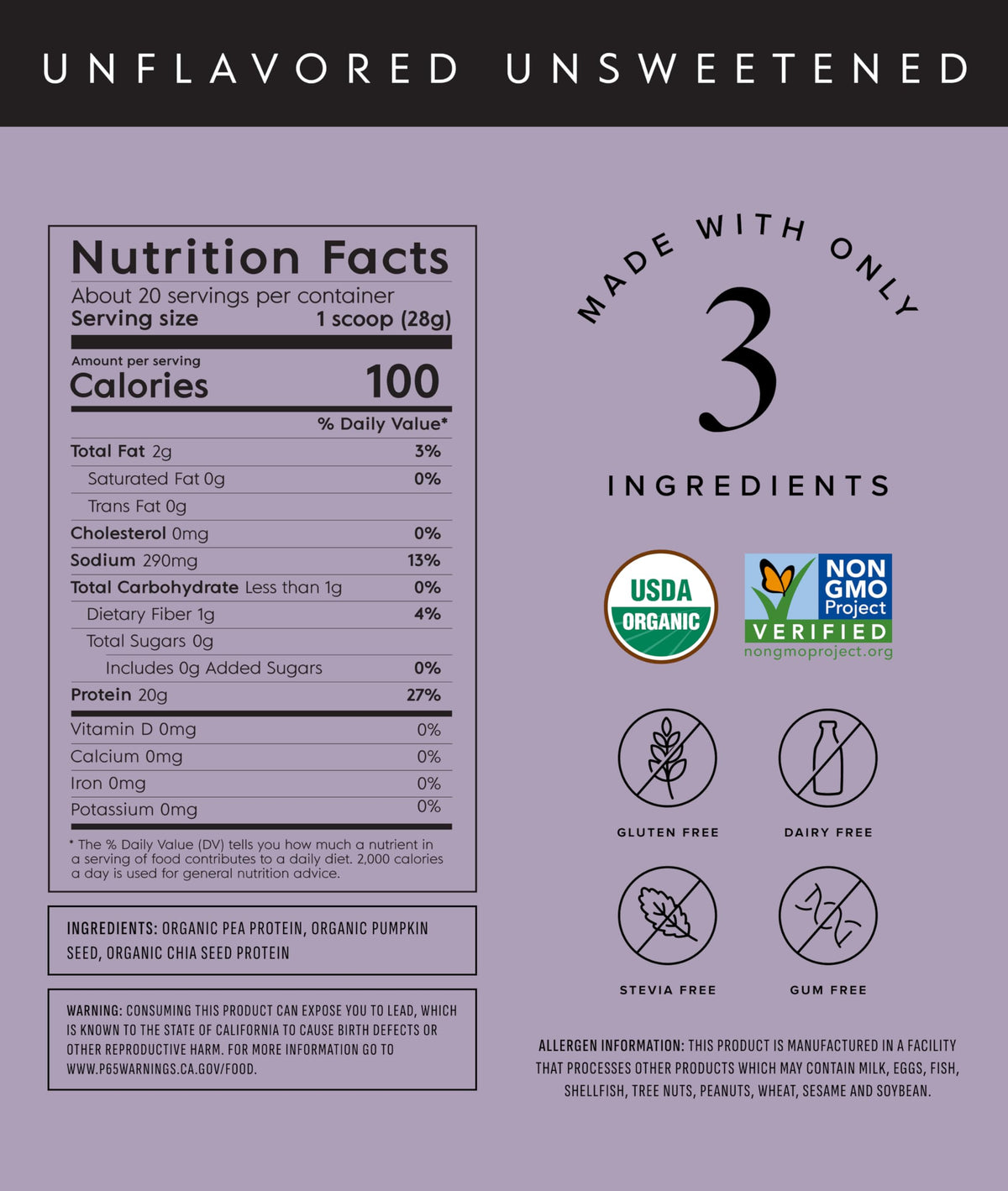 Truvani Organic Unflavored Plant Protein Powder, 19.75 Ounce Container