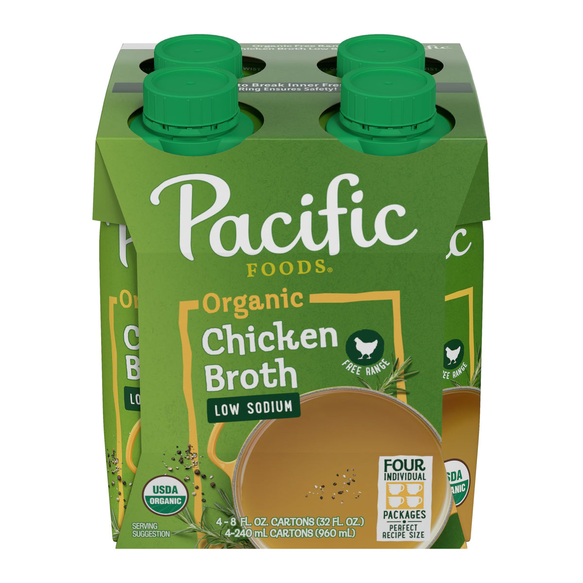 Pacific Foods Organic Low Sodium Free Range Chicken Broth, Case of 6, 4 Cartons, 8 fl oz Each
