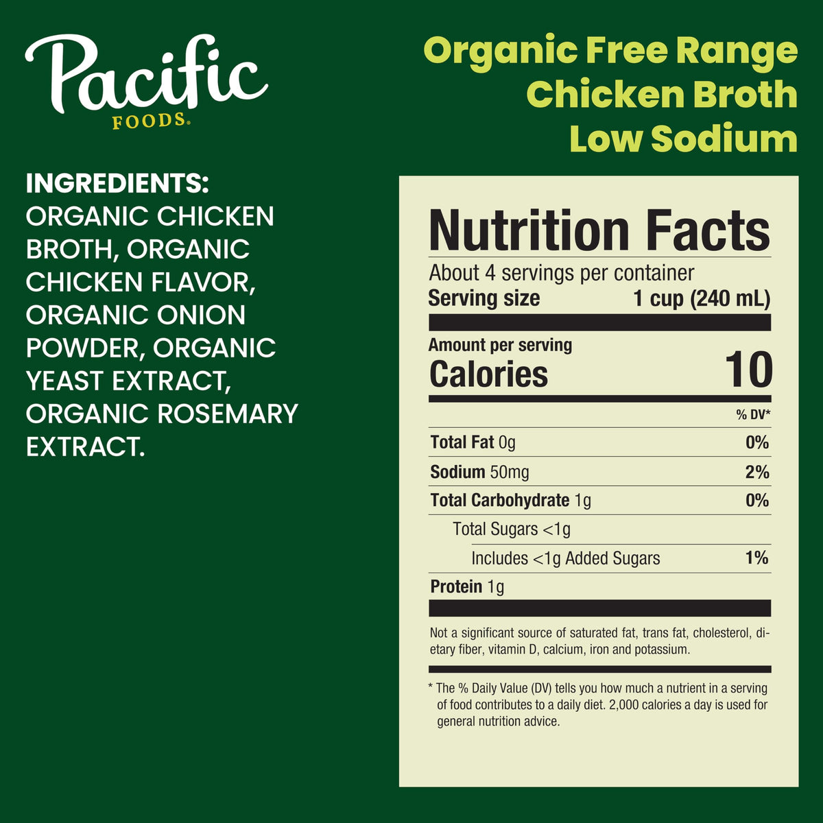 Pacific Foods Organic Low Sodium Free Range Chicken Broth, Case of 6, 4 Cartons, 8 fl oz Each
