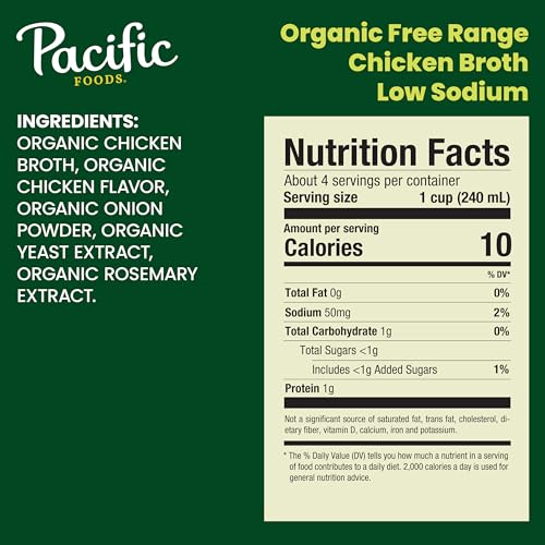 Pacific Foods Organic Low Sodium Free Range Chicken Broth, Case of 6, 4 Cartons, 8 fl oz Each
