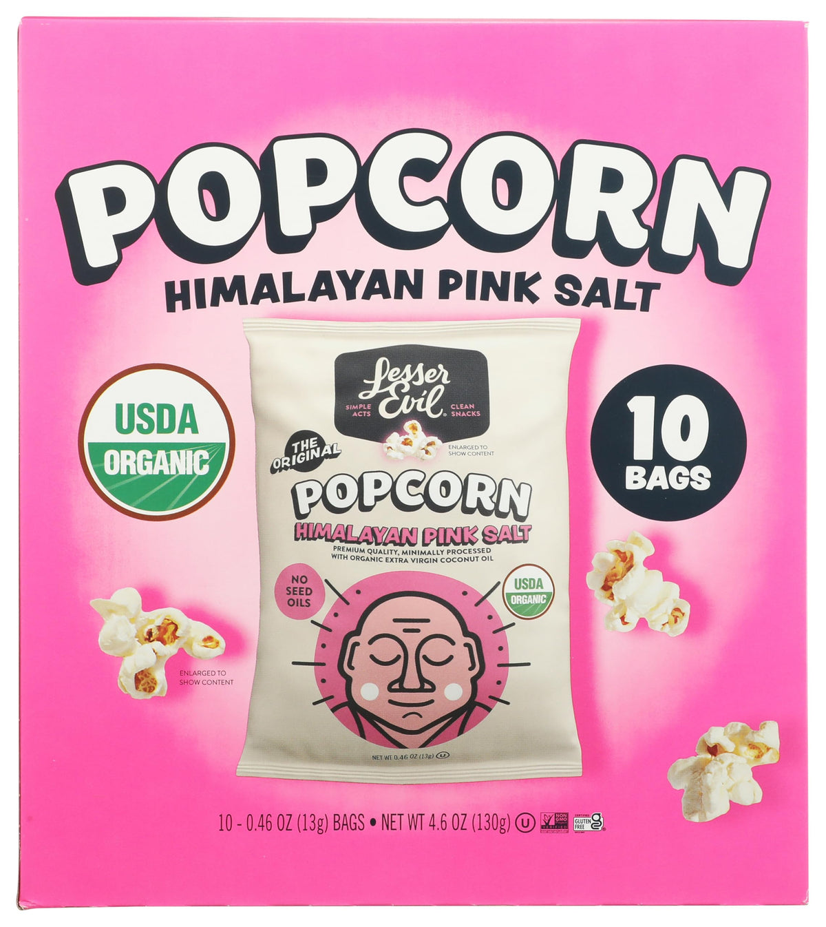 LesserEvil Organic Himalayan Pink Salt Popcorn, 10 x 0.46 oz (Case of 6)