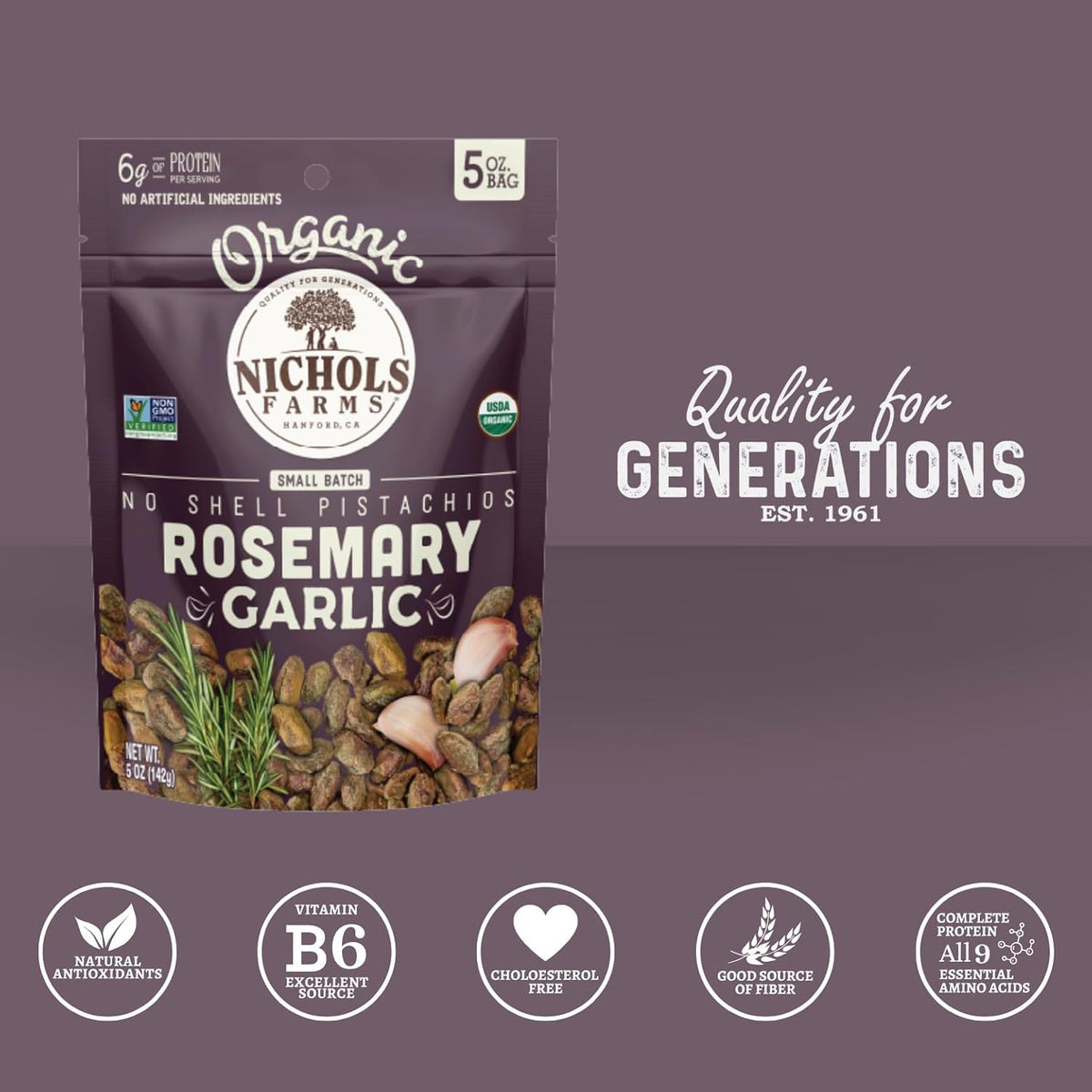 Nichols Farms Organic Rosemary Garlic No Shell Pistachios, Case of 12, 5 Ounce