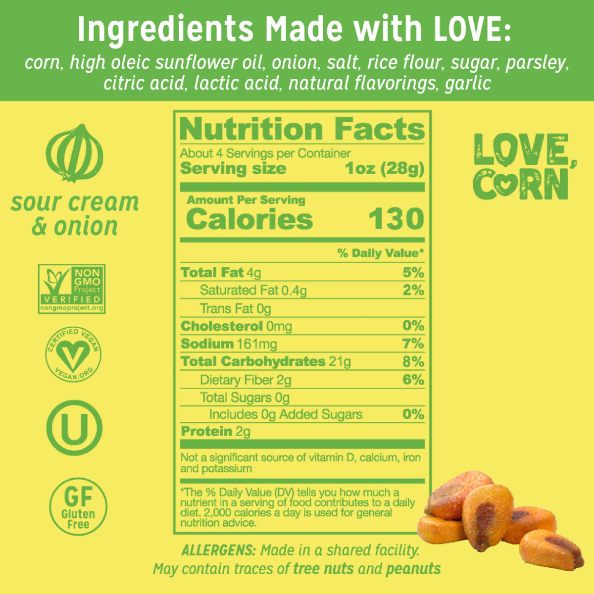 Love Corn Sour Cream and Onion Crunchy Corn, Case of 6, 4 Ounce