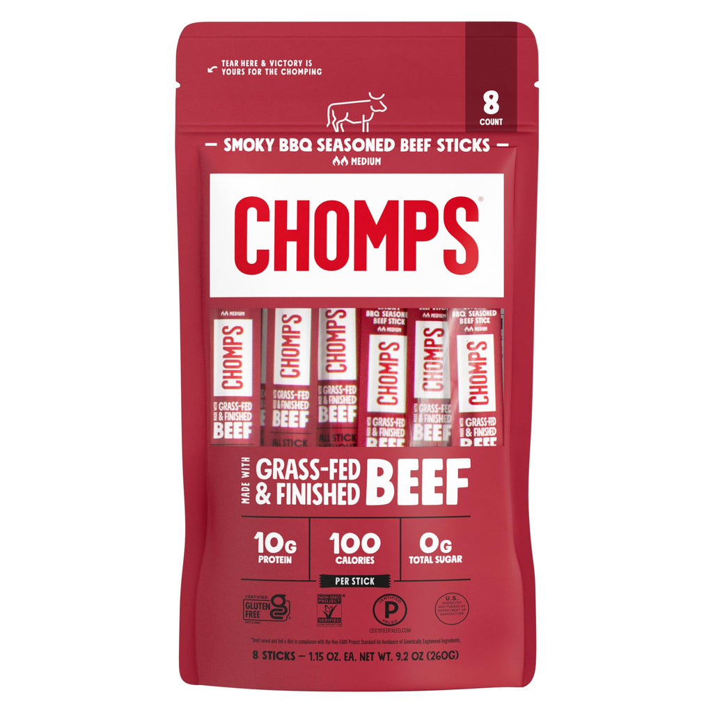 Chomps Smoky BBQ Beef Jerky Snack Sticks, Case of 8, 9.2 Ounce