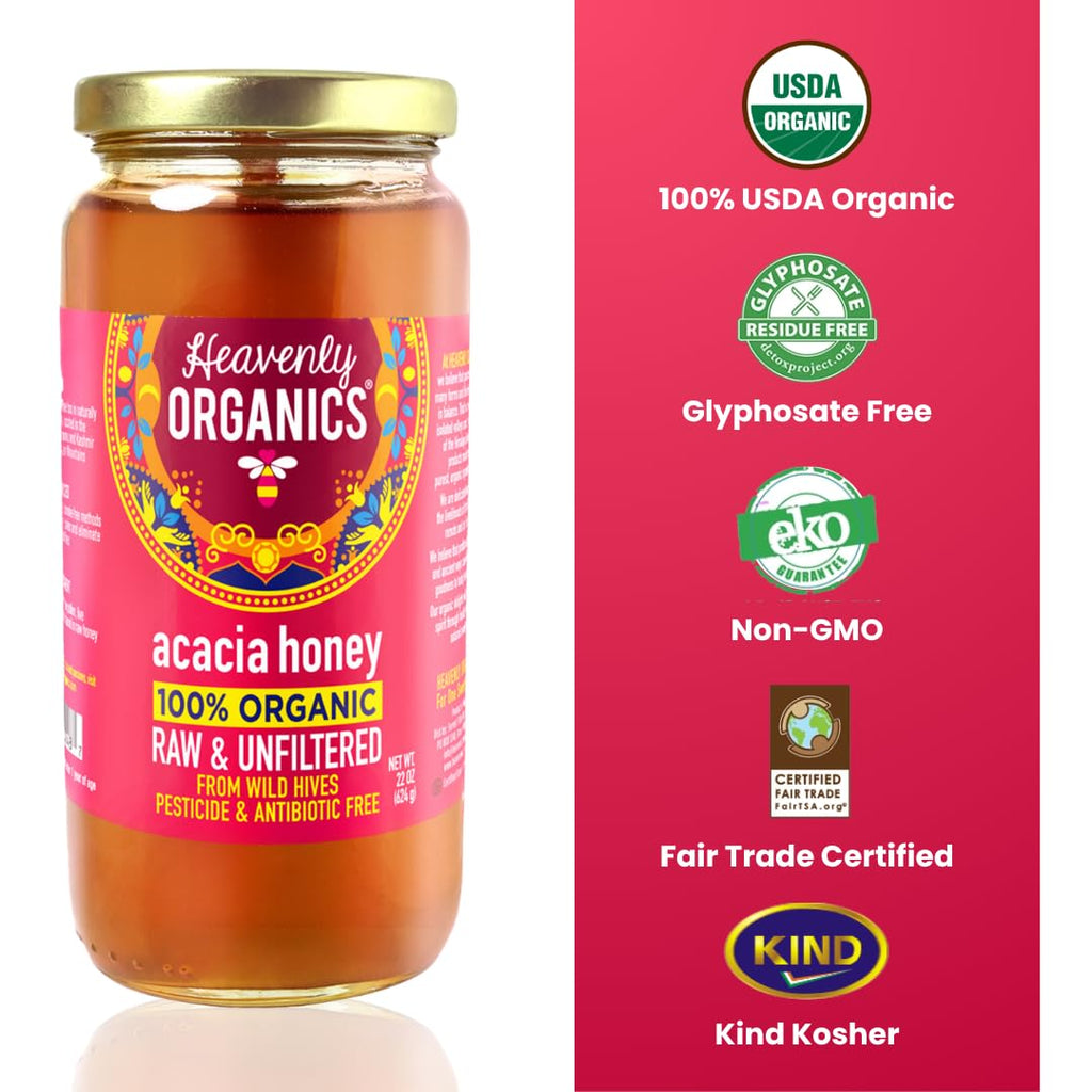 Heavenly Organics Organic Acacia Raw Honey, Case of 6, 22 Ounces