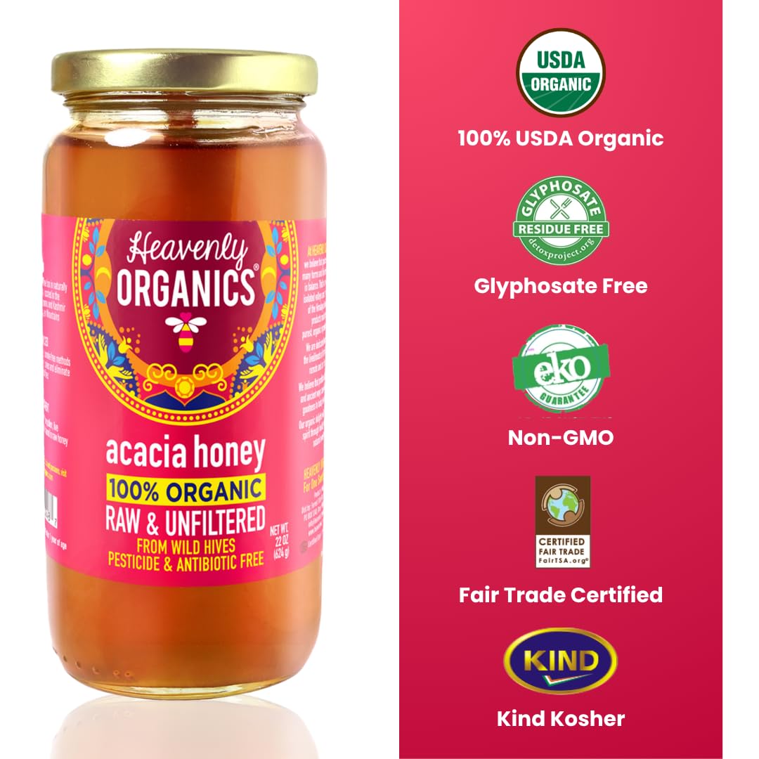 Heavenly Organics Organic Acacia Raw Honey, Case of 6, 22 Ounces