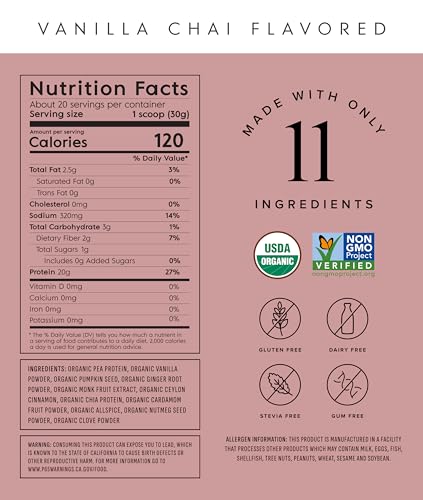 Truvani Organic Vanilla Chai Plant Based Protein Powder, 21.59 Ounce