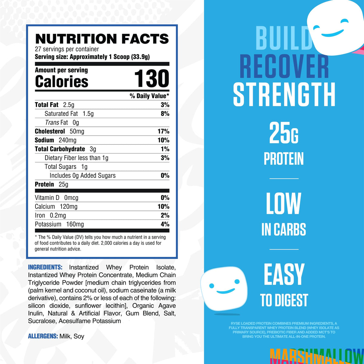 RYSE Loaded Protein Powder, Jet-Puffed Marshmallow, 1.55 Pounds