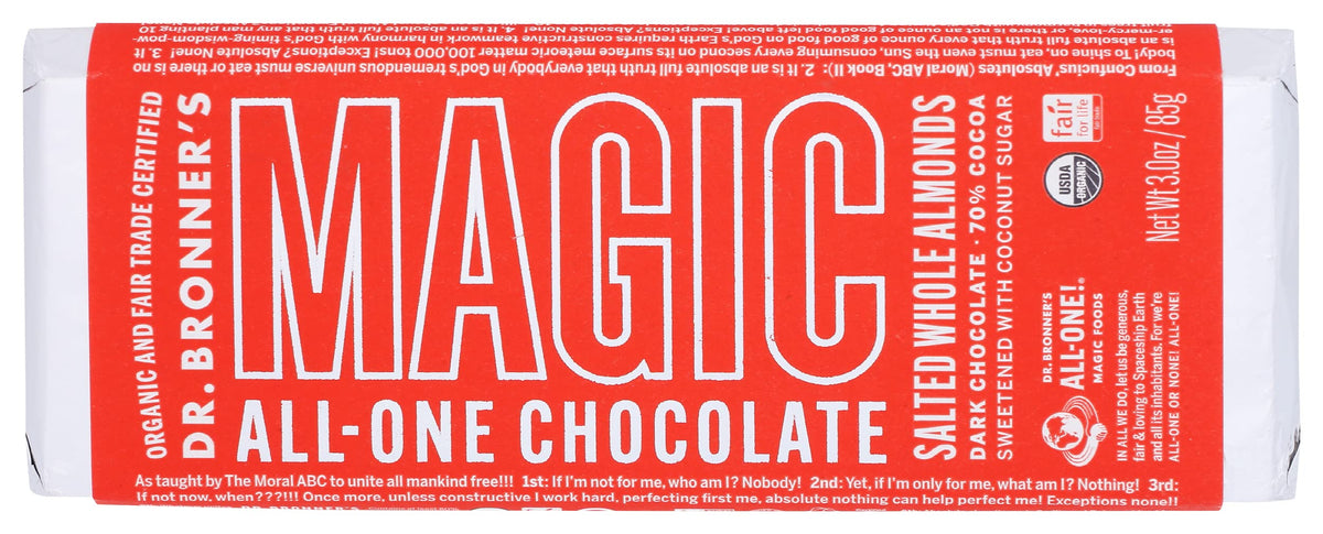 Dr. Bronner's Magic Chocolate Organic Dark Chocolate with Whole Almonds Bar, Case of 9, 3 Ounce Bars