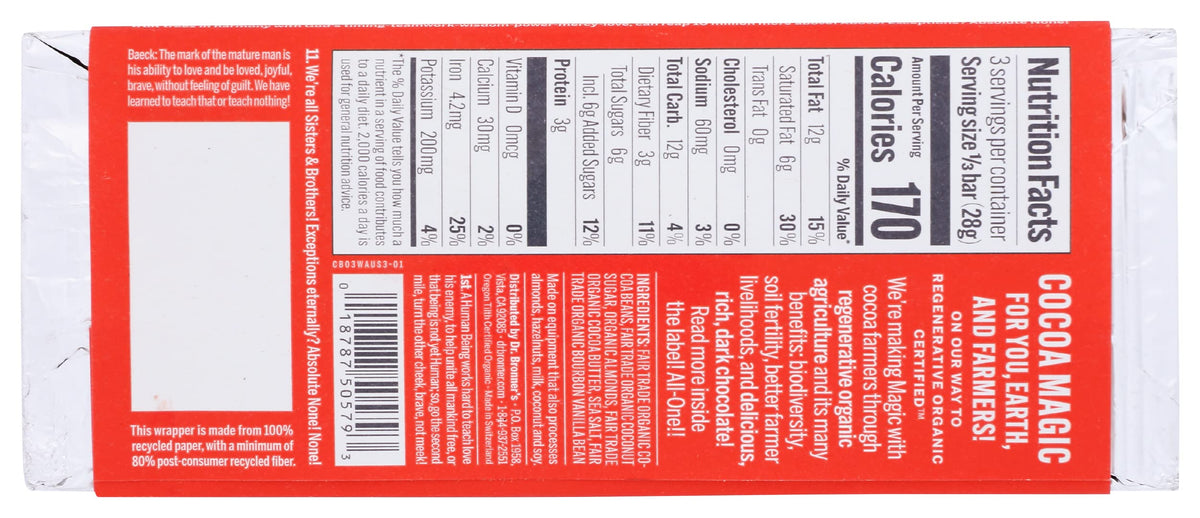 Dr. Bronner's Magic Chocolate Organic Dark Chocolate with Whole Almonds Bar, Case of 9, 3 Ounce Bars