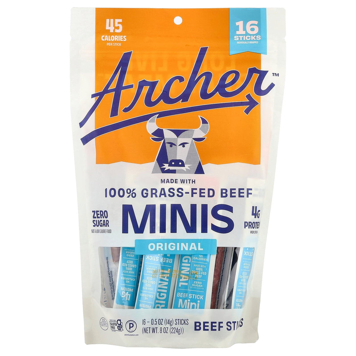 Country Archer Original Mini Beef Sticks, 8 Oz Bags, Case of 6