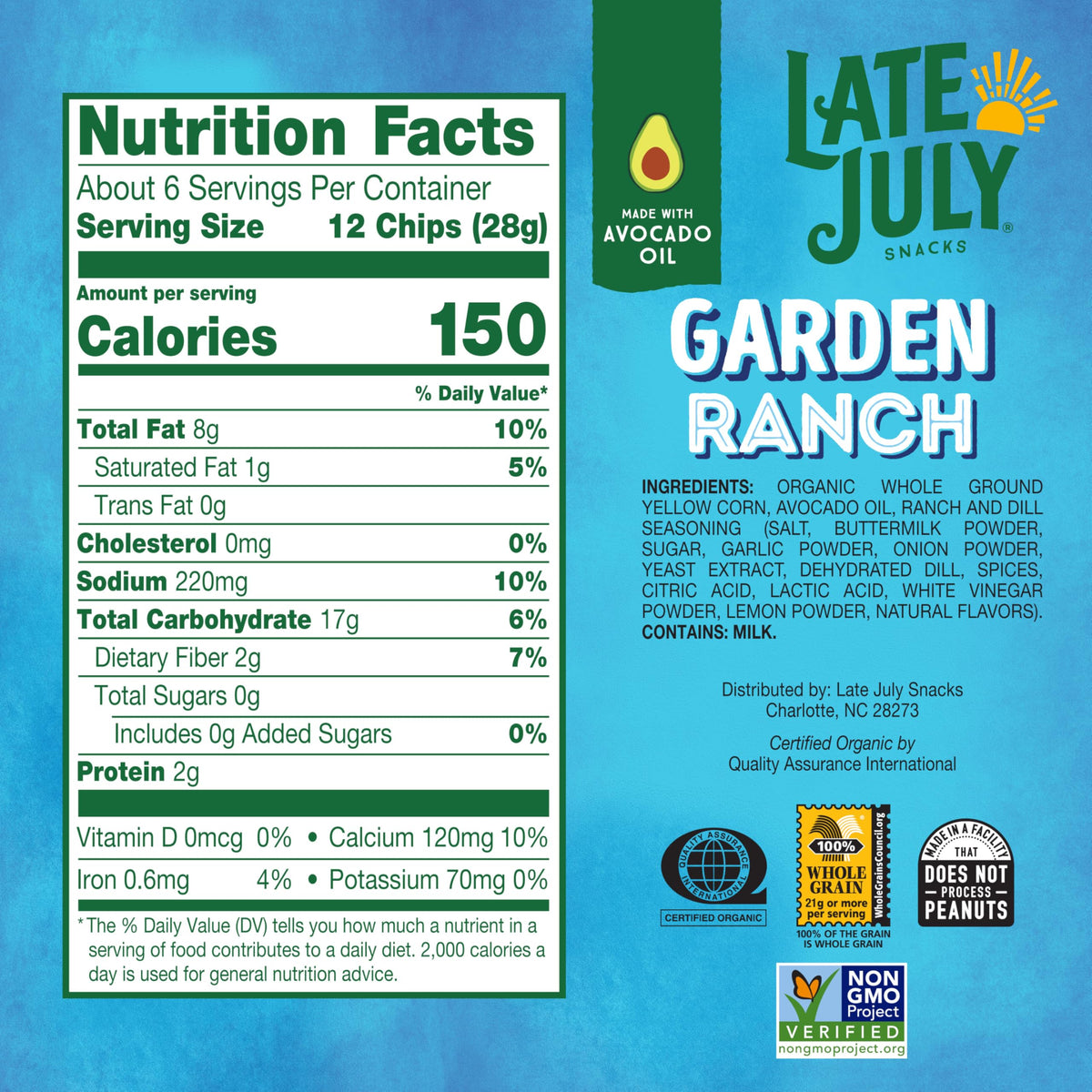 Late July Snacks Organic Garden Ranch Tortilla Chips, Case of 12, 6 oz