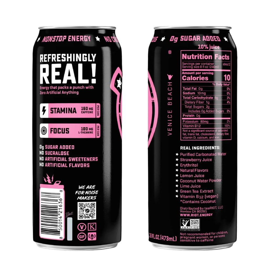 Riot Energy Strawberry Lemon Energy Drink, Case of 12, 16 fl oz Cans