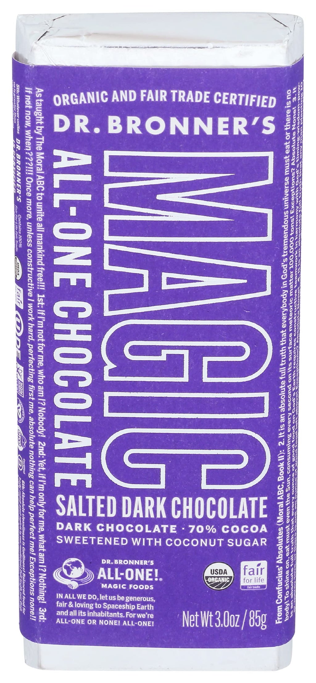 Magic Chocolate Organic Dark Chocolate Sea Salt Bar, Case of 12, 3 oz Bars