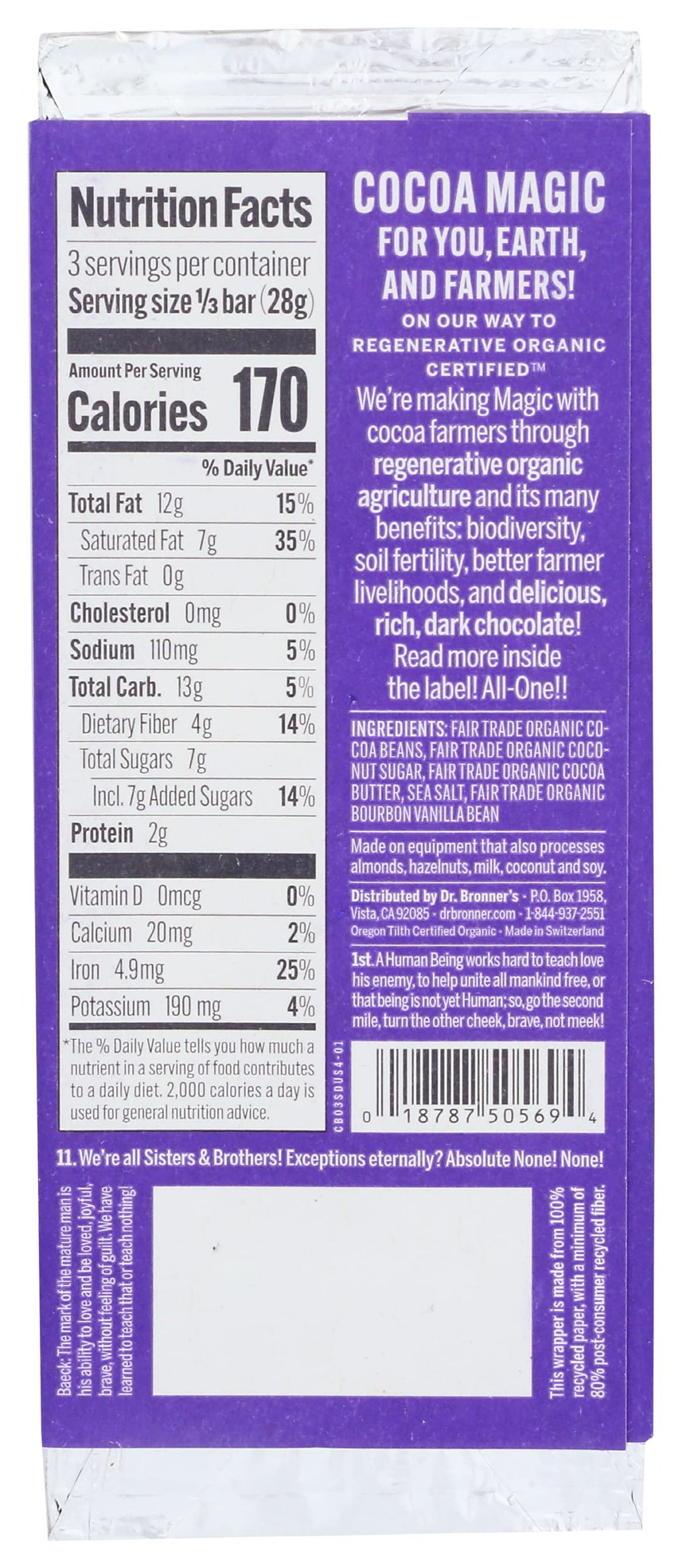 Magic Chocolate Organic Dark Chocolate Sea Salt Bar, Case of 12, 3 oz Bars
