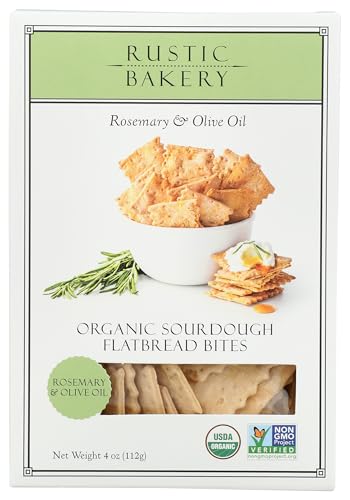 Rustic Bakery Organic Rosemary and Olive Oil Sourdough Flatbread Bites Crackers, Case of 12, 4 oz Boxes