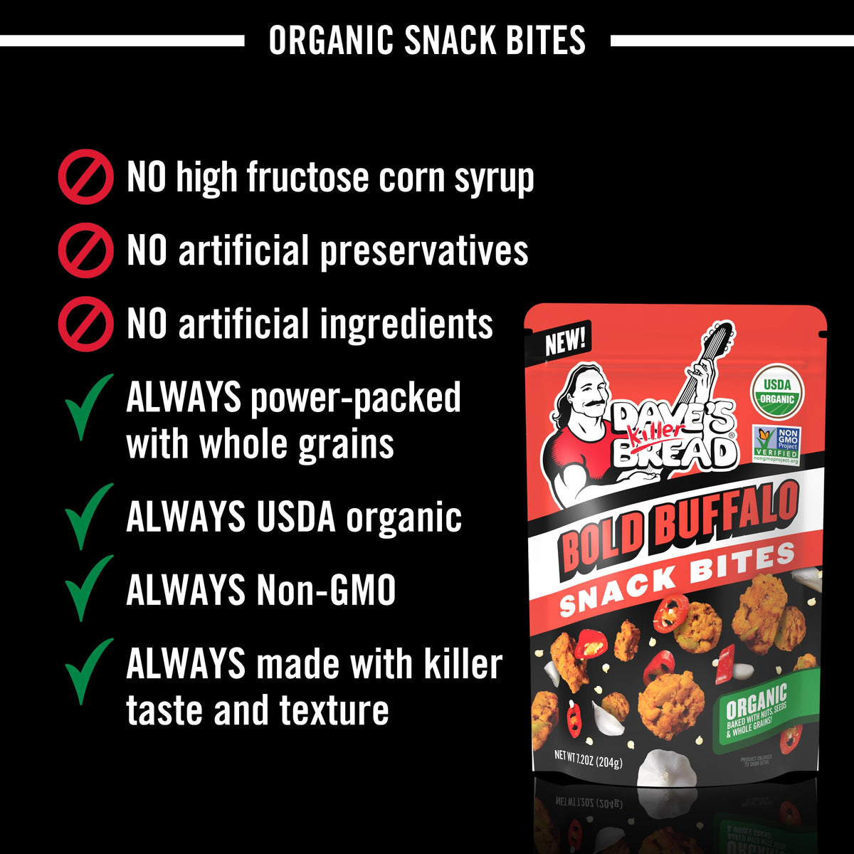Dave's Killer Bread Organic Bold Buffalo Snack Bites, Case of 6, 7.2 oz