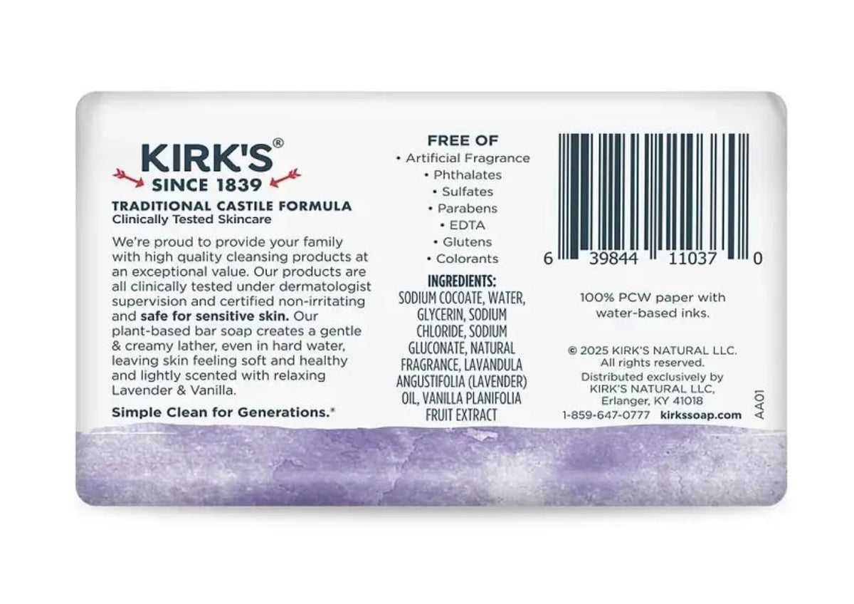 Kirk's Lavender & Vanilla Coco Castile Bar Soap, 4 oz