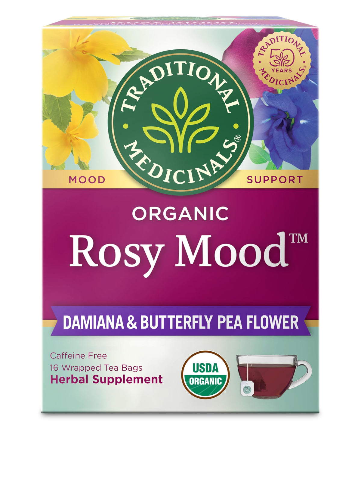 Traditional Medicinals Organic Rosy Mood Herbal Tea Bags, Case of 6, 16 Count