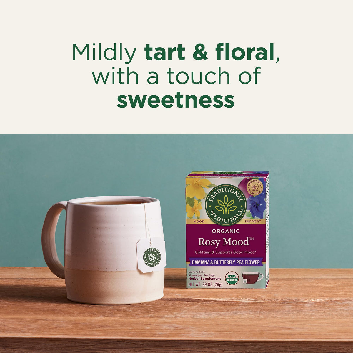 Traditional Medicinals Organic Rosy Mood Herbal Tea Bags, Case of 6, 16 Count