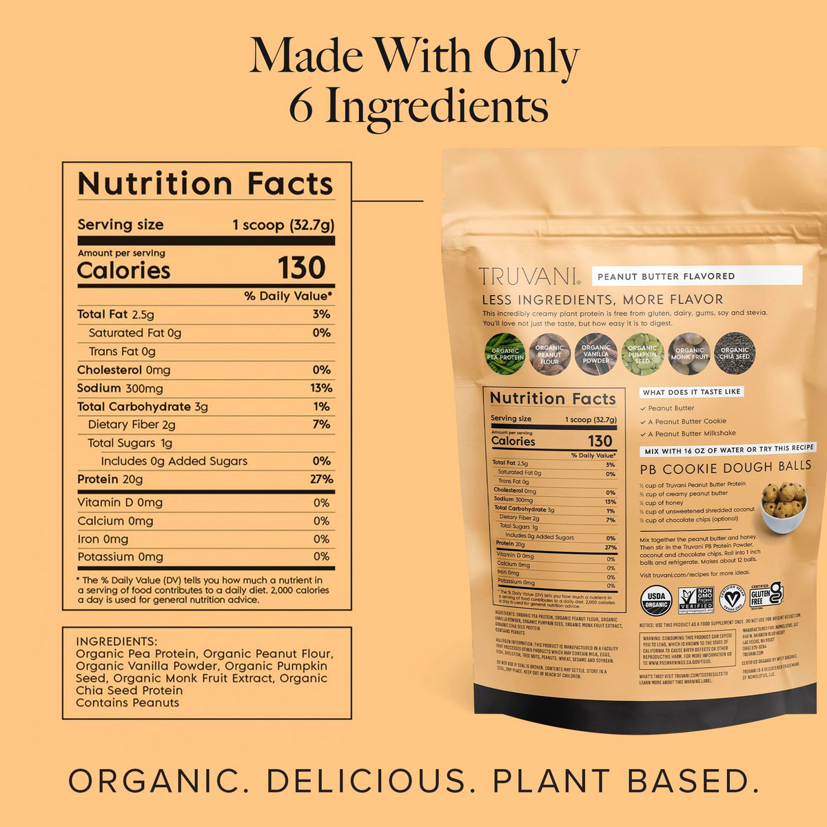 Truvani Organic Plant-Based Peanut Butter Protein Powder, 23.1 oz