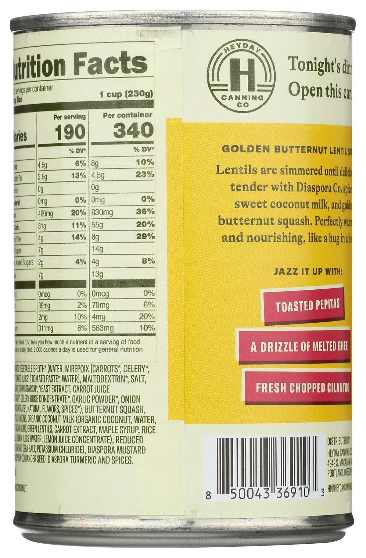 Heyday Canning Co. Golden Butternut Lentil Stew, Case of 12, 15 Ounce Cans