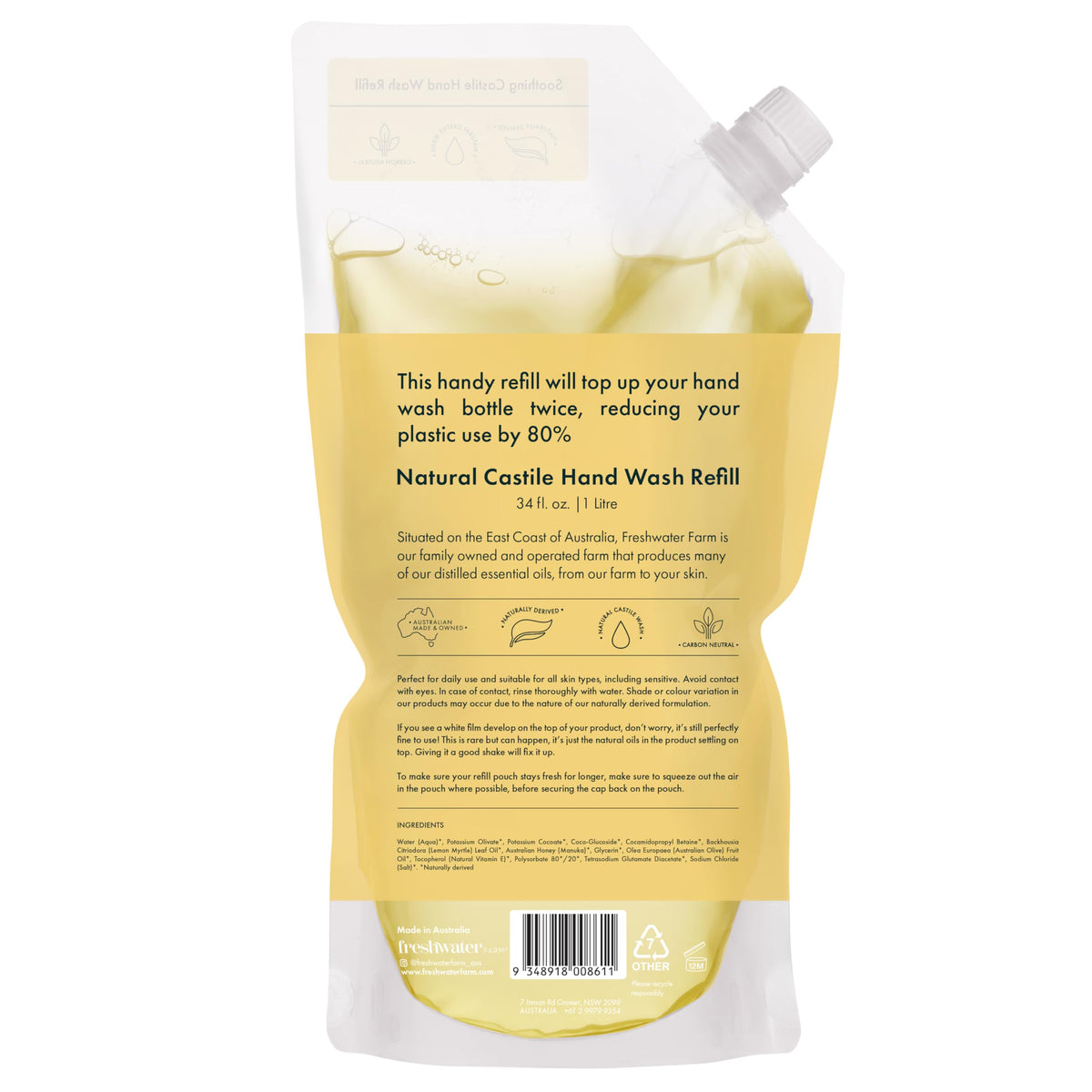 Freshwater Farm Australia Lemon Myrtle Honey Hand Soap Refill, Case of 4, 34 Fl Oz
