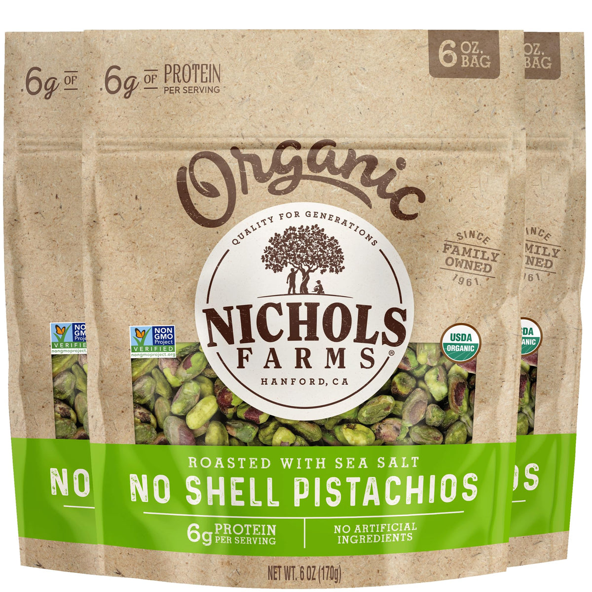 Nichols Farms Organic Roasted Salted No Shell Pistachios, Case of 12, 6 oz