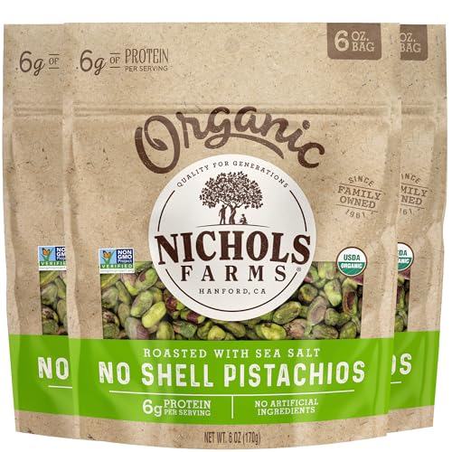 Nichols Farms Organic Roasted Salted No Shell Pistachios, Case of 12, 6 oz