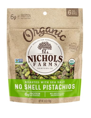 Nichols Farms Organic Roasted Salted No Shell Pistachios, Case of 12, 6 oz