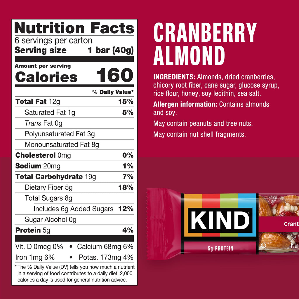 KIND Cranberry Almond Snack Bars, Case of 6 Boxes, 6 Bars per Box, 1.4 Ounce Bars