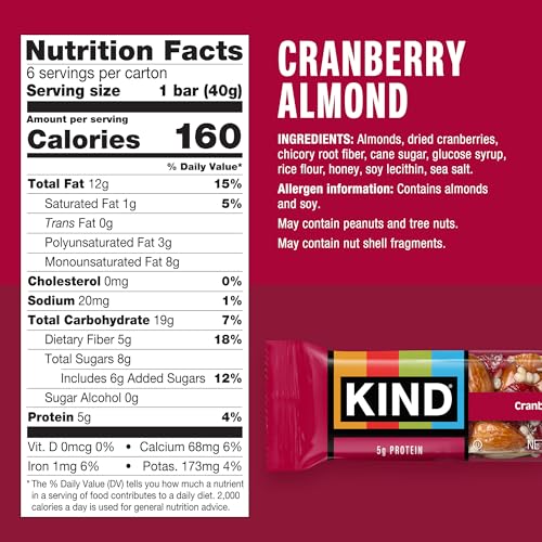 KIND Cranberry Almond Snack Bars, Case of 6 Boxes, 6 Bars per Box, 1.4 Ounce Bars